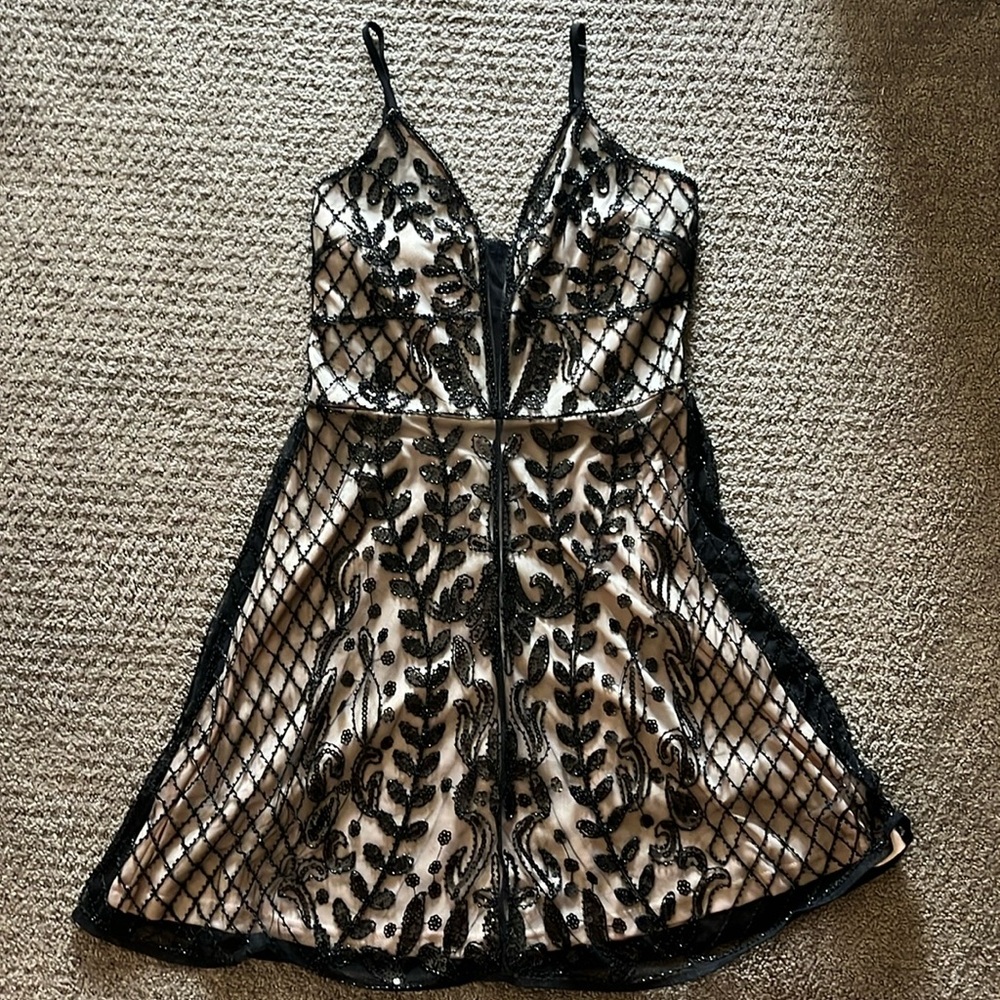 Black altard state dress with nude underliner